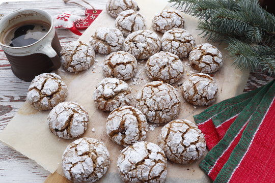 Spicy ginger biscuits in powdered sugar. Christmas and New Year theme.