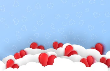 3d paper cut illustration of pink red hearts on blue background with clouds. Vector