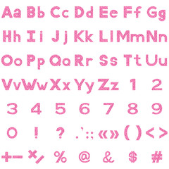Set of Letters, Numbers, Punctuation and Mathematical Signs Stylized Pink Valentine Hearts. Elements for Holiday Design Titles. Vector
