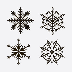 Snowflake winter set of black isolated icon silhouette. Collection isolated on white background. Flat snow icons. Nice element for Christmas banner, cards. New year ornament.