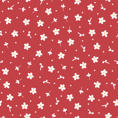 Repeated cute daisies and round dots. Floral seamless pattern. Drawn by hand.