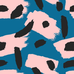 Black and pink brush strokes on blue background. Modern seamless pattern. Grunge, sketch, watercolor, graffiti, paint.
