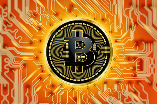 Circuit board and Bitcoin cryptocurrency coin over red and orange background
