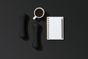 Sports and fitness flat lay with dumbbells, coffee and notebook, masculine new year goals template