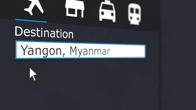 Buying airplane ticket to Yangon online. Travelling to Myanmar conceptual animation