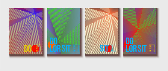 Neon Halftone Covers Set. Trendy Blend Lines Corporate Identity. Futuristic Posters, Geometric Business Backgrounds. Halftone Minimal Presentation Covers. Neon Colored Iridescent Print Design.