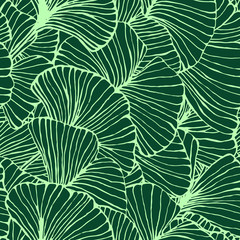 seamless pattern with ginkgo biloba leaves, textured hand drawn outline leaf veins