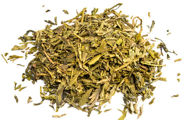 Green tea dry leaves isolated on white background

