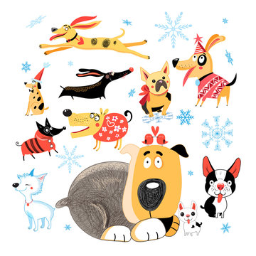 Vector New Year set of different funny dogs