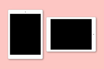 Modern technolgy concept. Two gadgets with black copy screens isolated over pink background. Electronic devices on flat layout. Isolated shot of tablet computers
