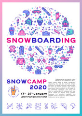 Snowboarding poster, Poster for snow camp, Snowboard placard, Winter sport card or flyer. Modern line art illustration on white background A4 size, Vector flat design