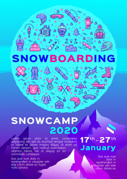 Snowboarding poster, Snow camp flyer or card, Snowboard placard. Modern line art icons of winter sports and mountains on a gradient blue turquoise background. A4 size, Vector flat design