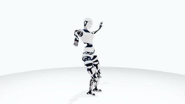 Sexy robot android woman dancing. Sci-fi stylish robotic girl. Cute robot woman. CG animation.
