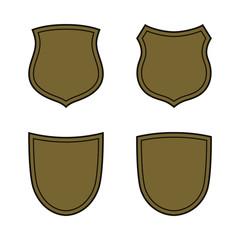 Shield shape bronze icons set. Simple flat logo on white background. Symbol of security, protection, safety, strong. Element badge for secure protect design emblem decoration Vector illustration