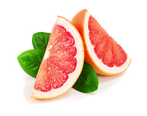 Grapefruit slices with leaves isolated on white background