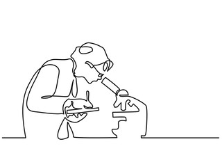 Scientist woman looking through microscope in laboratory. Continuous line drawing. Vector illustration on white background