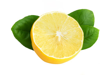 lemon half with leaf isolated on white background