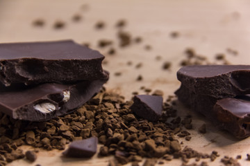 Dark chocolate stack on the wooden,Close up chocolate