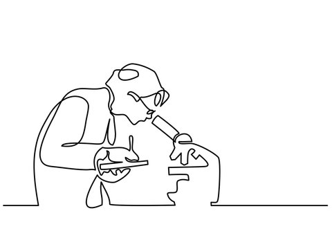 Scientist woman looking through microscope in laboratory. Continuous line drawing. Vector illustration on white background