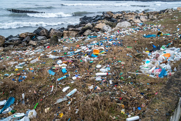 The problem of pollution and ecology of the sea shore and the ocean. Garbage on the coastline and...