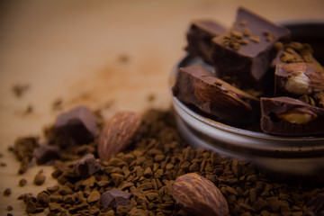 Dark chocolate stack on the wooden,Close up chocolate