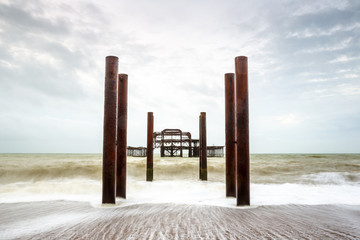 Atmospheric and Moody Long Exposure Photograph of the Ruins of the old Brighton West Pier at Brighton, East Sussex, England, UK