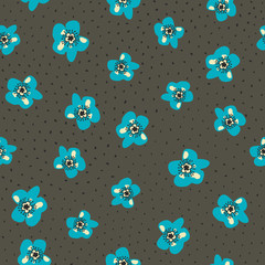 Seamless vector pattern with blue flowers and dots