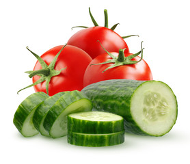 Vegetables for salad. Cucumbers and tomatoes isolated on white.