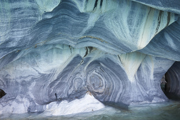 Detail of the Marble Caves formed by water erosion along the edge of Lago General Carrera along the Carretera Austral in Northern Patagonia, Chile.