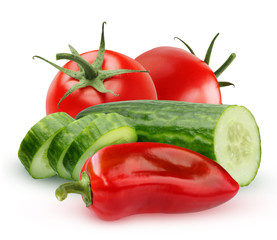 Vegetables for salad. Ingredients. Cucumber, pepper and tomatoes isolated on white
