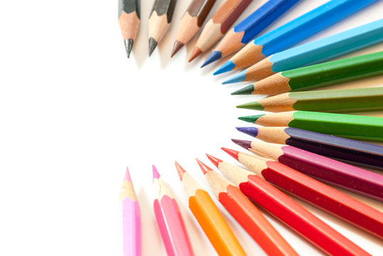 assorted colored crayon creative arrangement with copy space