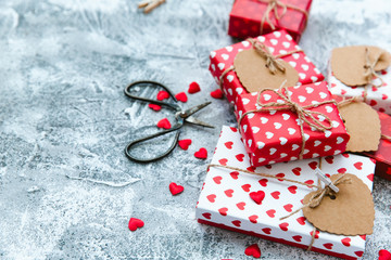 Valentines day gift boxes. Holiday background .