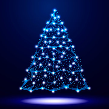 Christmas image of a Christmas tree in a starry sky, space, consisting of lines, dots and shapes in the form of stars and planets. Vector EPS10.