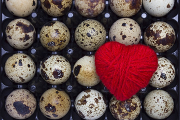 Fototapeta premium An overhead photo of fresh small uncooked quail eggs in the black plastic container and red heart. I like Healthy lifestyle, healthy eating food concept.