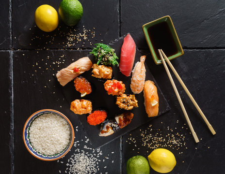 sushi set on the black background
