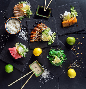sashimi on the black background