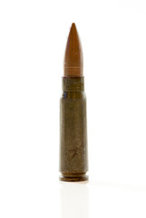 gun cartridge with bullet and case on white background with reflexion