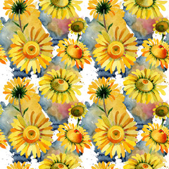 Wildflower yellow chamomile flower pattern in a watercolor style. Full name of the plant: yellow chamomile. Aquarelle wild flower for background, texture, wrapper pattern, frame or border.