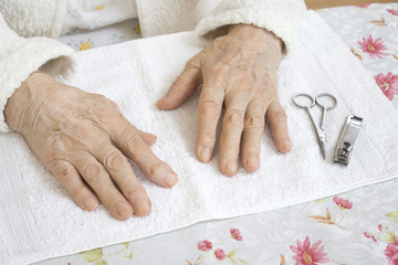 Dłonie starej kobiety przygotowane do zabiegu kosmetycznego. - obrazy, fototapety, plakaty