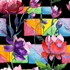 Wildflower peony flower pattern in a watercolor style. Full name of the plant: peony. Aquarelle wild flower for background, texture, wrapper pattern, frame or border.