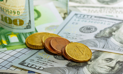 Business and finance. American dollars and euro banknotes. Coins. Money. Currency. Cash. Background with money.