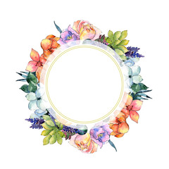 Flower composition wreath in a watercolor style. Full name of the plant:tropical flower. Aquarelle wild flower for background, texture, wrapper pattern, frame or border.