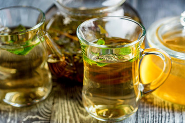 Herbal tea with honey and mint leaves