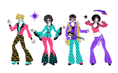 Soul Party Time. Dancers of soul, funk or disco. People in 1980s, eighties style clothes dancing disco, cartoon vector illustration isolated on white background. Men and women in 80s style clothing