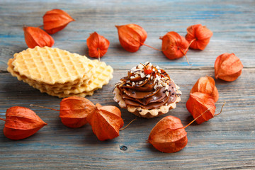  Sweet waffle, cake with cream and physalis  on a  wooden background