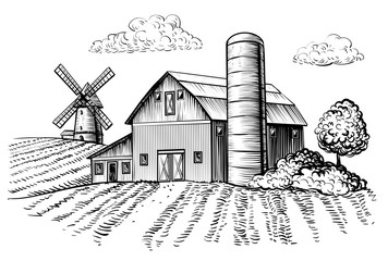 Rural landscape, farm barn and windmill sketch. Hand draw illustration of countryside natural scenic. Agricultural farmhouse and field. Vector monochrome outline image