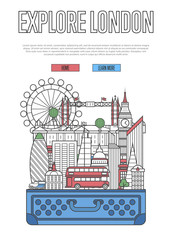 Explore London poster with famous architectural attractions in open suitcase. Worldwide traveling and time to travel vector concept in linear style. London national landmarks, tourism and journey