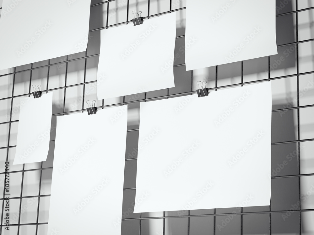 Poster paper sheets hanging on the wire board. 3d rendering