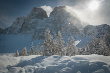 Winter view tilt shift effect of Mount Pelmo northern side in a sunny day, Dolomites, Italy