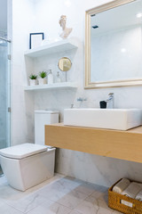 Spacious and bright modern bathroom interior with white walls, a shower cabin with glass wall, a toilet and faucet sink